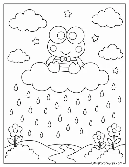 Keroppi on a Cloud Watching Rain Fall Below Coloring Page