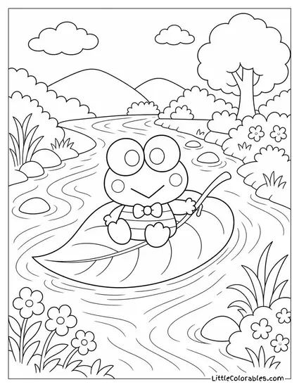Keroppi on a Giant Green Leaf Floating Downstream Coloring Page