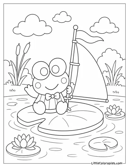 Keroppi on a Lilypad Raft with a Tiny Sail Coloring Page