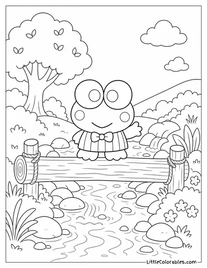 Keroppi on a Log Bridge Over a Babbling Brook Coloring Page