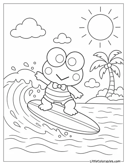Keroppi on a Surfboard Riding a Small Wave Coloring Page