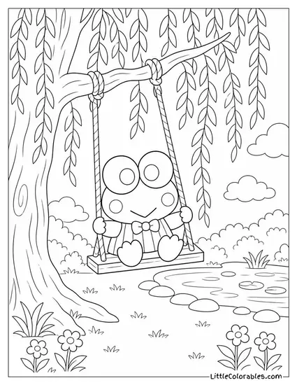 Keroppi on a Swing Hanging from a Willow Tree Coloring Page