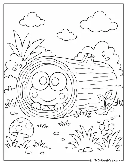 Keroppi Peeking Out of a Hollow Log Coloring Page