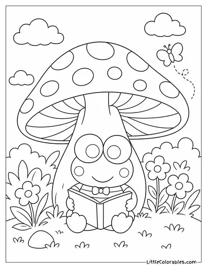 Keroppi Reading a Book Under a Giant Toadstool Coloring Page
