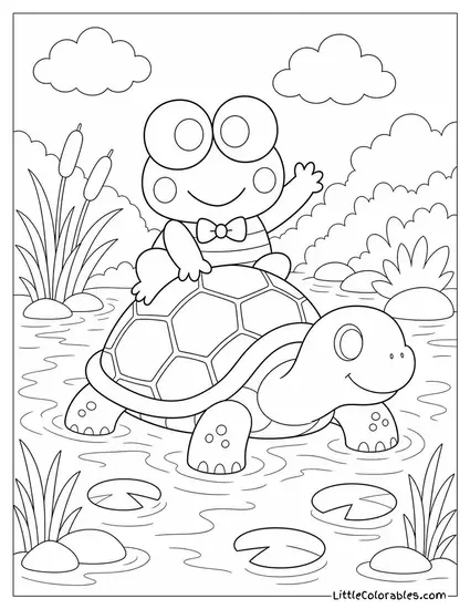 Keroppi Riding a Giant Turtle Through Shallow Water Coloring Page