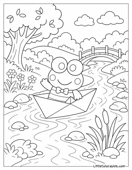 Keroppi Riding a Paper Boat Down a Stream Coloring Page