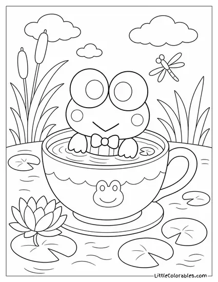 Keroppi Sitting in a Teacup Full of Pond Water Coloring Page