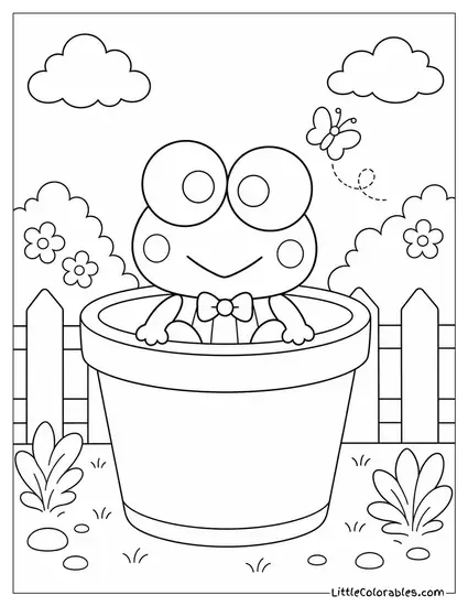 Keroppi Sitting Inside a Large Empty Flower Pot Coloring Page