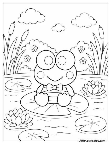 Keroppi Sitting on a Lily Pad in a Pond Coloring Page