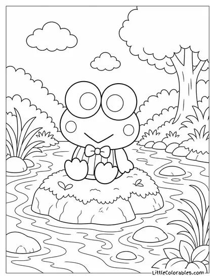 Keroppi Sitting on a Mossy Rock in a Stream Coloring Page