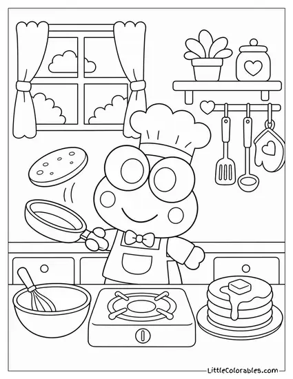 Keroppi Wearing a Chef Hat Flipping Pancakes Coloring Page