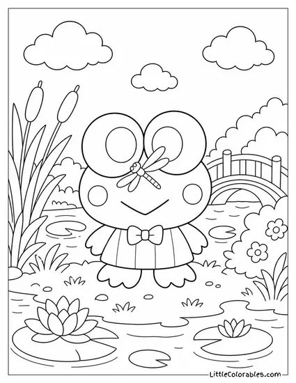 Keroppi with a Dragonfly Landing on His Nose Coloring Page