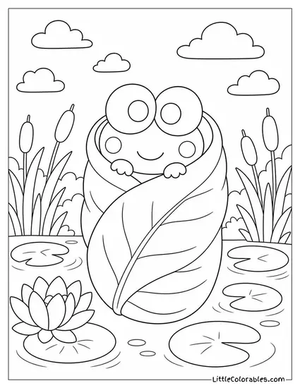 Keroppi Wrapped in a Large Green Leaf Like a Burrito Coloring Page