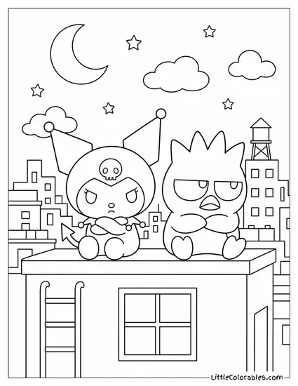 Kuromi and Badtz Maru Sitting on a Rooftop Looking Grumpy Coloring Page