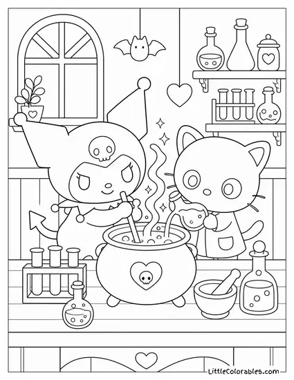 Kuromi and Chococat in a Lab Mixing a Glowing Dark Potion Coloring Page
