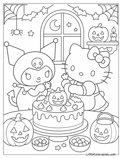 Kuromi and Hello Kitty Decorating a Halloween Cake Together Coloring Page