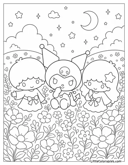 Kuromi and Little Twin Stars in a Dark Field of Glowing Flowers Coloring Page