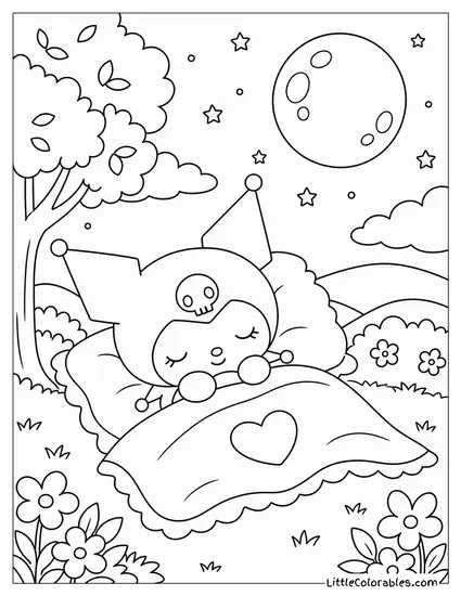 Kuromi Asleep Under a Full Moon Coloring Page