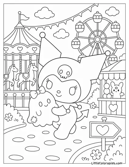 Kuromi at a Carnival with a Ghost Plushie Coloring Page
