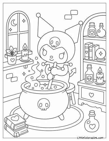 Kuromi at a Cauldron Stirring a Glowing Potion Coloring Page