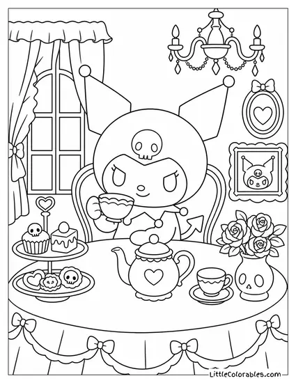Kuromi at a Dark Tea Party Table Coloring Page