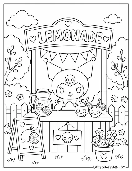 Kuromi at a Lemonade Stand with Skull Cups Coloring Page
