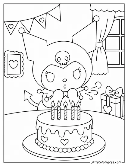 Kuromi Blowing Out Candles on a Dark Cake Coloring Page