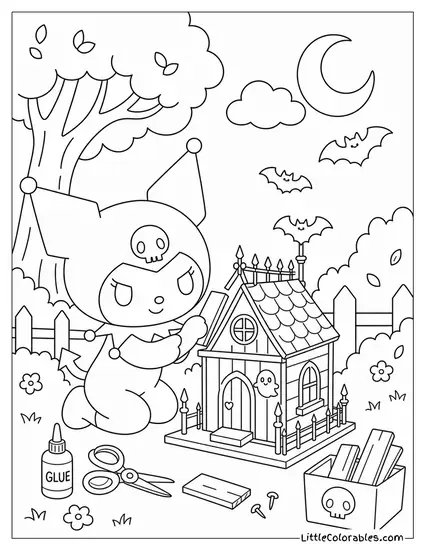 Kuromi Building a Tiny Haunted House Coloring Page