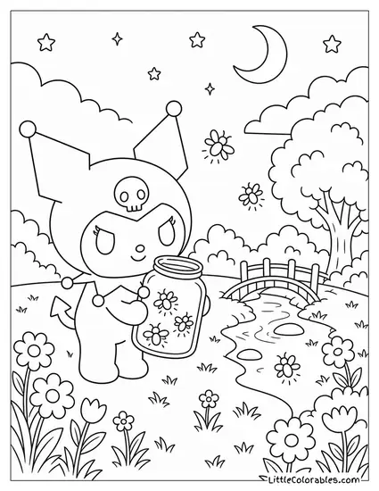 Kuromi Catching Fireflies in a Dark Jar Coloring Page