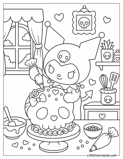 Kuromi Decorating a Skull Shaped Cake Coloring Page
