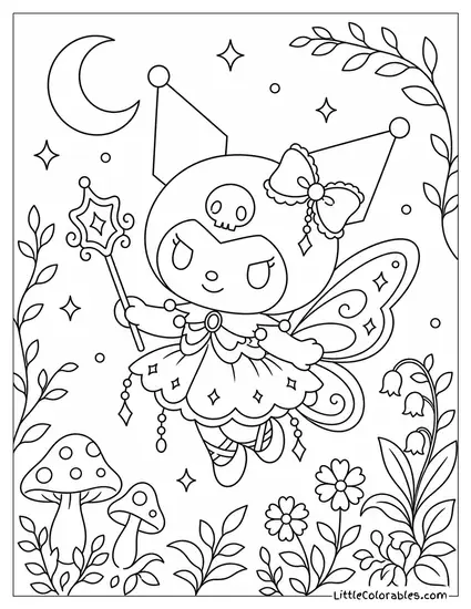 Kuromi Dressed as a Dark Fairy with Wings Coloring Page