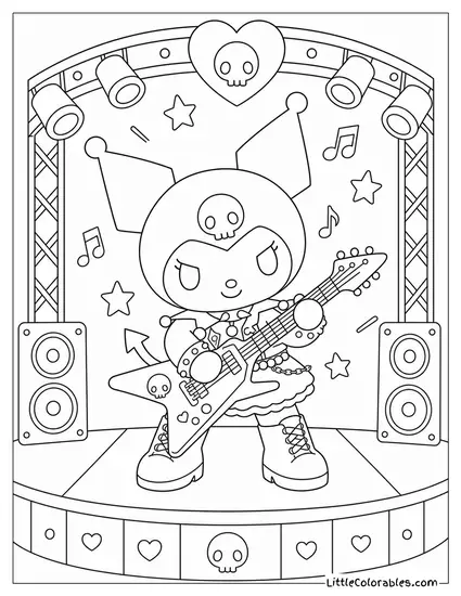 Kuromi Dressed as a Rockstar with a Guitar Coloring Page