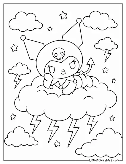 Kuromi Floating on a Dark Stormcloud Coloring Page