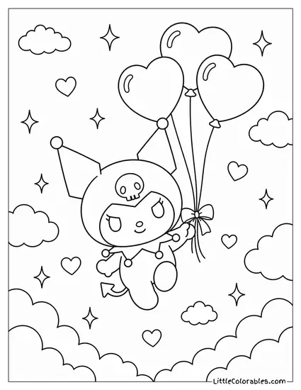Kuromi Floating with Black Heart Balloons Coloring Page