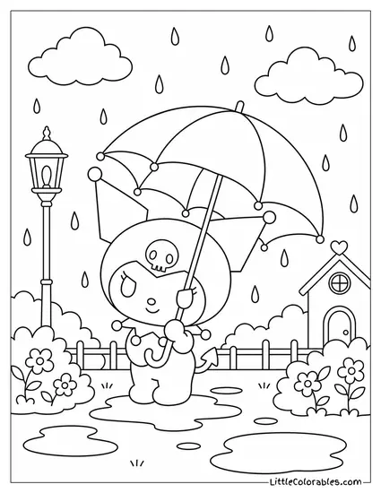 Kuromi Holding a Black Umbrella in the Rain Coloring Page
