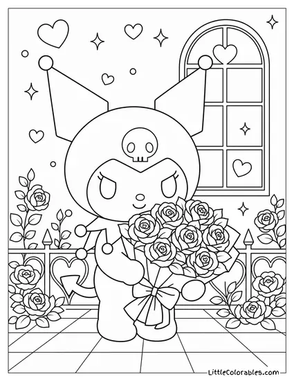 Kuromi Holding a Bouquet of Black Roses Coloring Page
