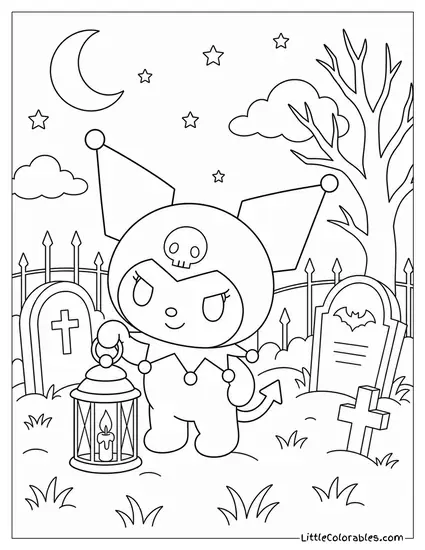 Kuromi Holding a Lantern in a Graveyard Coloring Page