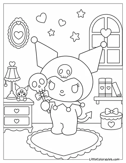 Kuromi Holding a Skull Shaped Lollipop Coloring Page
