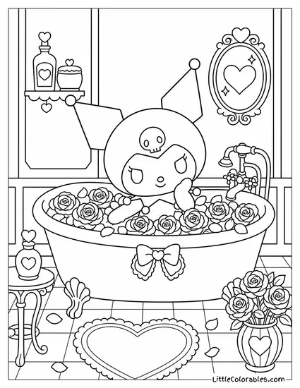 Kuromi in a Bathtub Full of Dark Roses Coloring Page