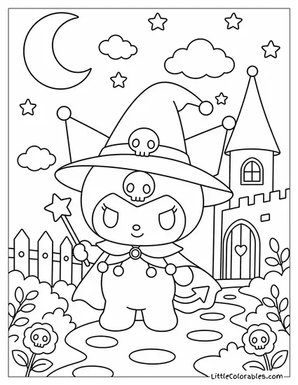 Kuromi in a Black Witch Hat and Cape Coloring Page