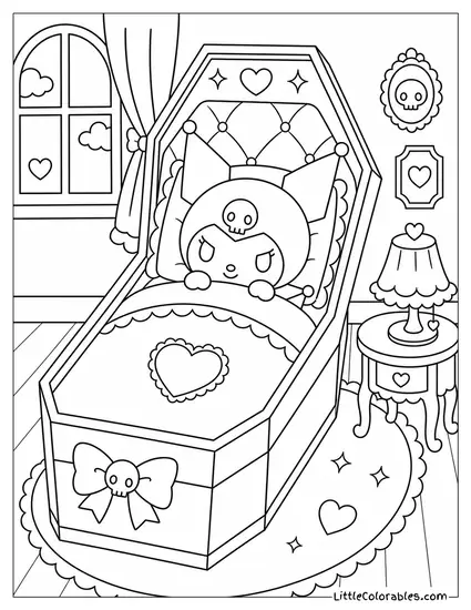 Kuromi in a Coffin Shaped Bed Coloring Page