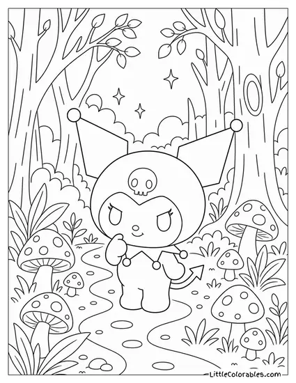 Kuromi in a Dark Forest with Glowing Mushrooms Coloring Page