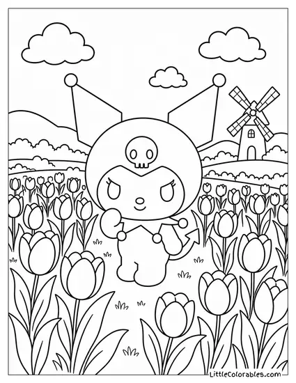Kuromi in a Field of Black Tulips Coloring Page