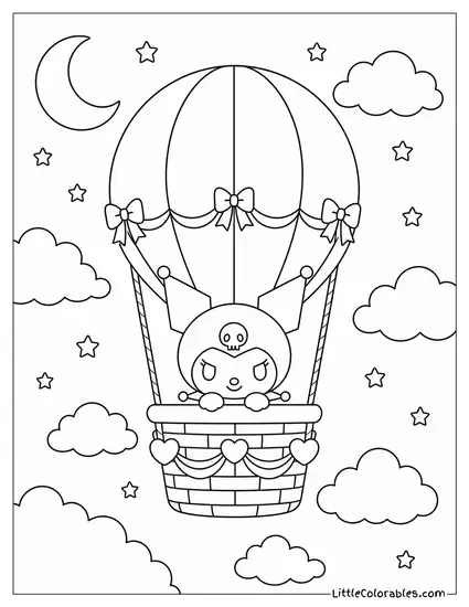 Kuromi in a Hot Air Balloon at Midnight Coloring Page