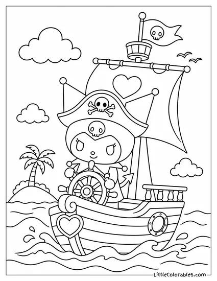 Kuromi in a Pirate Hat on a Tiny Ship Coloring Page