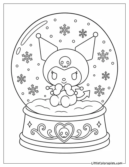 Kuromi in a Snow Globe with Black Snowflakes Coloring Page