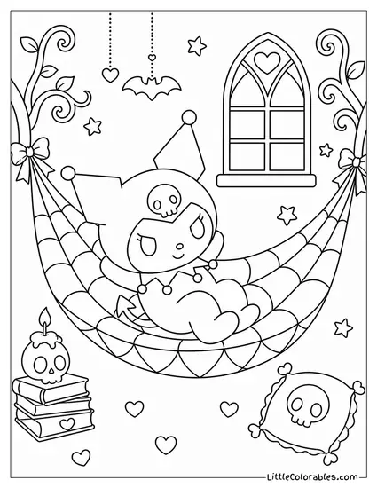 Kuromi in a Spiderweb Hammock Coloring Page