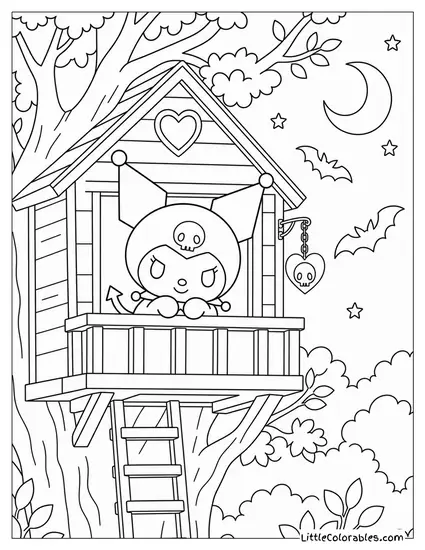Kuromi in a Treehouse with Bats Flying Outside Coloring Page