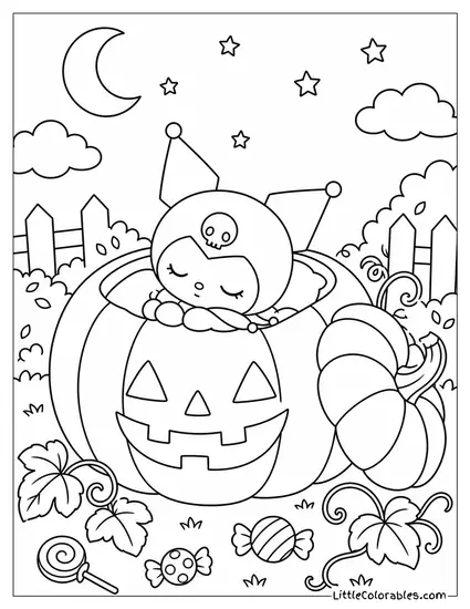 Kuromi Napping Inside a Giant Pumpkin Coloring Page