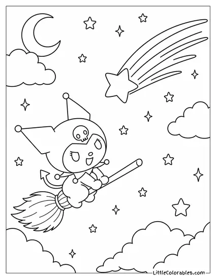 Kuromi on a Broomstick Chasing a Shooting Star Coloring Page
